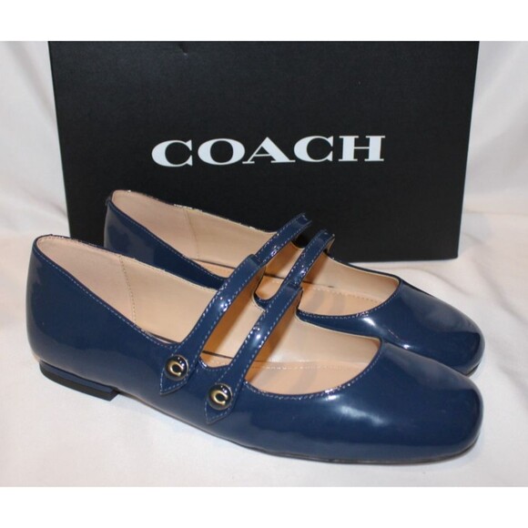Coach Women’s Winley Double Buckle Mary Jane Patent Leather Ballet Flat Blue - Picture 1 of 6